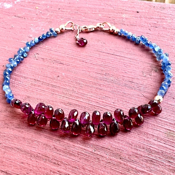 Handcrafted Natural Rhodolite Garnet Sapphire Bracelet Solid 14K Rose Gold - Picture 7 of 10